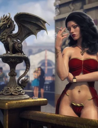 Intricate dragon sculpture on a balcony overlooking a vibrant cityscape featuring a stylish woman with dark wavy hair, wearing provocative red and gold attire, smoking a cigarette, with a mix of modern and fantasy elements.