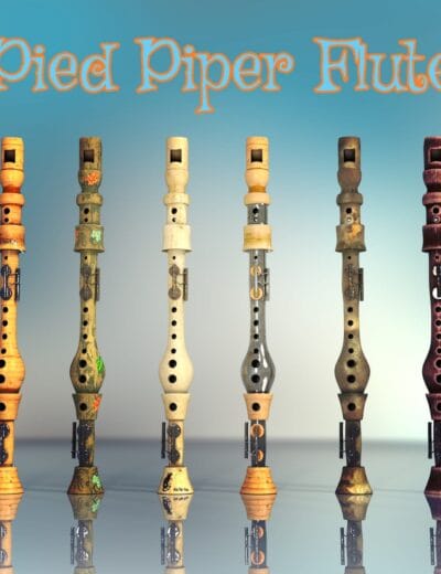 Colorful 3D-rendered Pied Piper Flute collection showcasing detailed textures and realistic craftsmanship, ideal for use in digital art, game design, and 3D projects.
