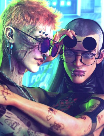 Colorful cyberpunk characters with tattoos and edgy accessories wearing stylish sunglasses in a neon-lit urban setting.