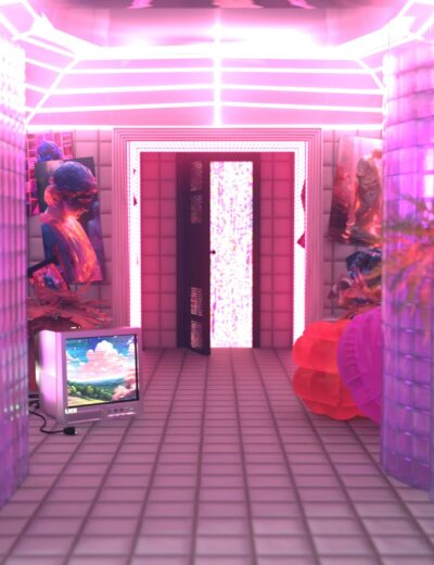 Neon-lit art gallery with pink and purple hues, featuring classical statues, colorful flowers, vintage TV, and vibrant artwork in a futuristic, cyberpunk aesthetic.