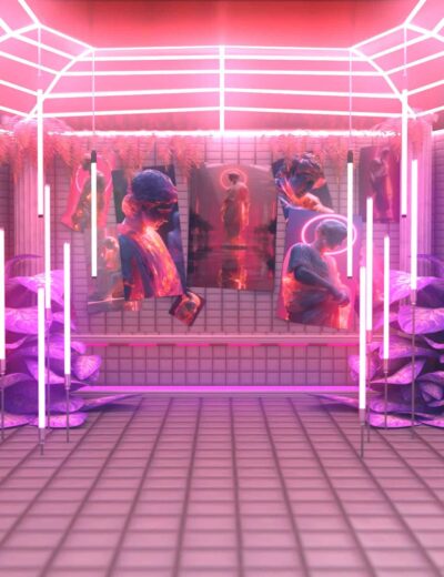 Vibrant futuristic art display with neon pink lighting, digital posters of classical statues, and lush tropical plants, showcasing high-quality 3D assets ideal for creative digital art projects.