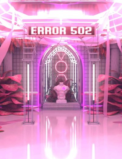Vibrant pink neon art installation featuring a classical bust statue, surrounded by lush tropical plants, with a glowing "Error 502" sign and futuristic geometric design elements in a modern digital environment.