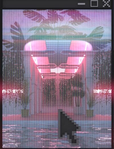 A vibrant, futuristic indoor space with hanging plants, pink neon lighting, and a pixel art cursor, creating a modern digital aesthetic ideal for 3D modeling and virtual environments.