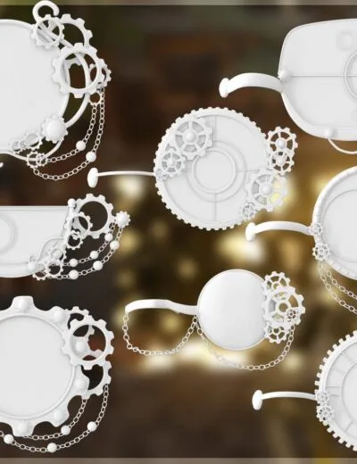 Intricate 3D white teacup models with gear and chain details, perfect for Daz3D content, showcasing steampunk-inspired design elements.