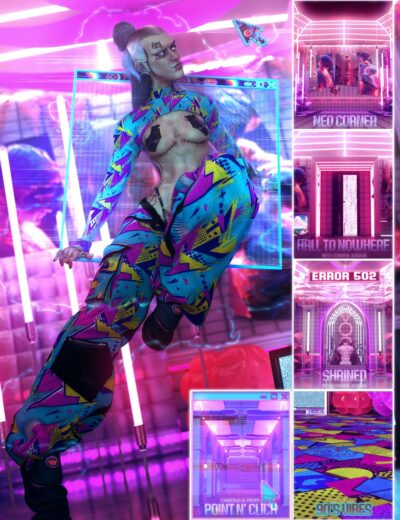 Cyberpunk woman in colorful futuristic outfit with neon lights and digital art style, promoting 3D Shards high-quality Daz3D assets, vibrant sci-fi scene with neon signs and dynamic atmosphere.