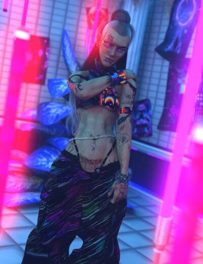 Cyberpunk female character with tattoos, edgy fashion, neon lighting, and a futuristic room setting, showcasing detailed 3D digital art assets from Daz3D for bold and vibrant character design.