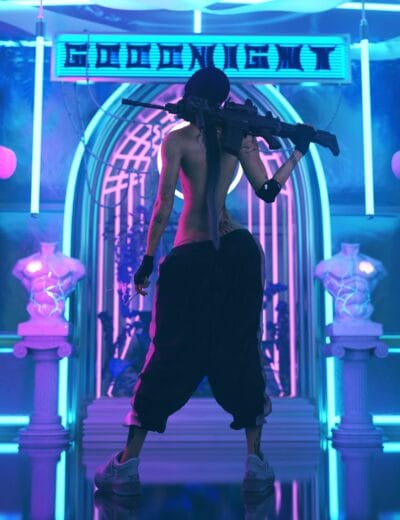 Neon-lit cyberpunk scene featuring a tattooed female character holding a sniper rifle, standing on stairs with classical statues illuminated by vibrant LED lights, showcasing futuristic and dystopian aesthetics.
