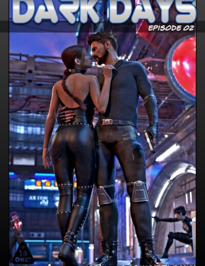 Dark days futuristic couple in tight leather outfits with neon lighting, cyberpunk scene, sci-fi lovers, dystopian romance, high-tech environment, gritty urban backdrop, edgy fashion, intimate moment, cinematic style, 3D assets from Daz3D.