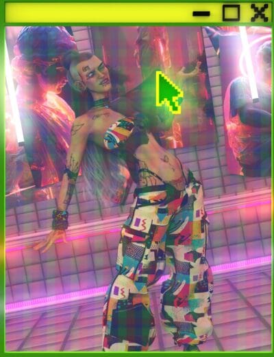 Stylish female with tattoos in a vibrant, neon-lit art gallery featuring modern, colorful artwork and glitch effects, showcasing high-quality Daz3D asset renderings for digital art projects.