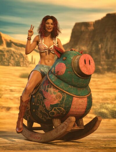 Colorful vintage pig-shaped wooden rocking horse with detailed paintwork, featuring a woman with curly red hair and a peace sign pose, set against a scenic outdoor mountain landscape at sunset.