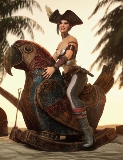 Vintage pirate woman riding colorful wooden parrot toy on a tropical beach at sunset, surrounded by treasure chests and palm trees, showcasing 3D character asset design for Daz3D.