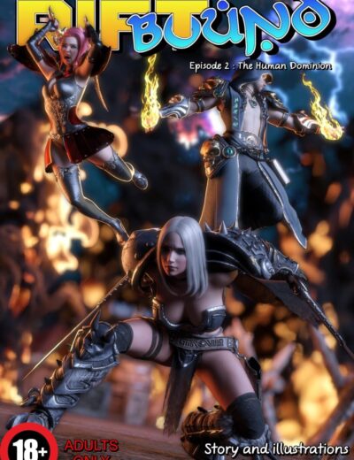 3D fantasy battle scene featuring female and male warriors with armor, weapons, and fiery effects, perfect for Daz3D assets, digital art, and 3D character modeling.