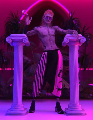 Vaporwave-inspired neon-lit digital artwork featuring a tattooed model with platinum hair, sunglasses, and striped pants standing between two classical columns amidst vibrant purple foliage.