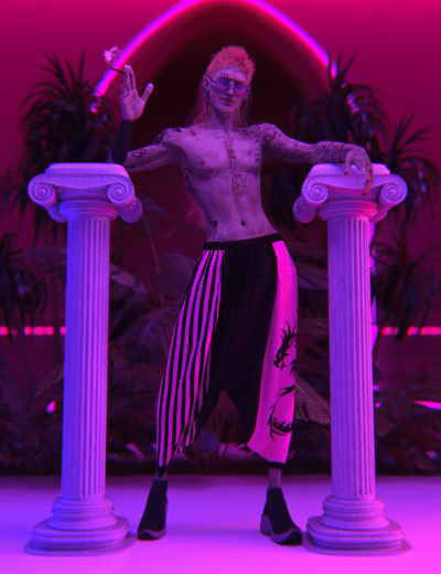 Vaporwave-inspired neon-lit digital artwork featuring a tattooed model with platinum hair, sunglasses, and striped pants standing between two classical columns amidst vibrant purple foliage.