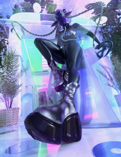 Vibrant futuristic digital art featuring a stylized anthropomorphic cat character in edgy fashion, illuminated with neon lights in an urban setting with plants, CDs, and modern decor.