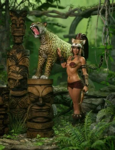 Mayan-themed fantasy warrior woman with leopard, jungle environment, tribal carvings, detailed costume, and accessories.
