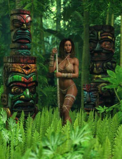 Intricate Tiki statues surrounded by lush green jungle foliage with a confident woman holding a staff in tribal-inspired attire, emphasizing exotic, Polynesian and tribal decor themes for high-quality digital art.