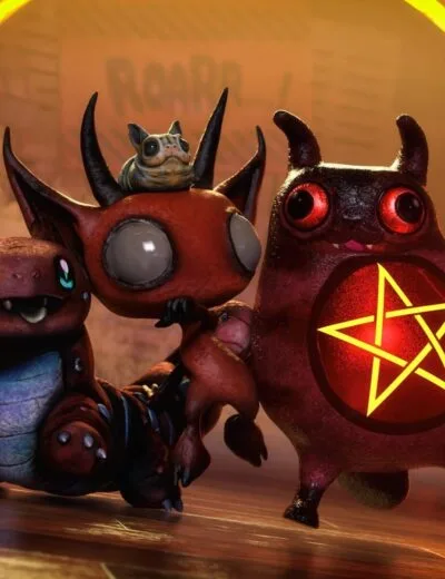 3D fantasy creatures with glowing eyes, demon-like characters, and a pentagram symbol, showcasing high-quality Daz3D assets for digital art and game development.