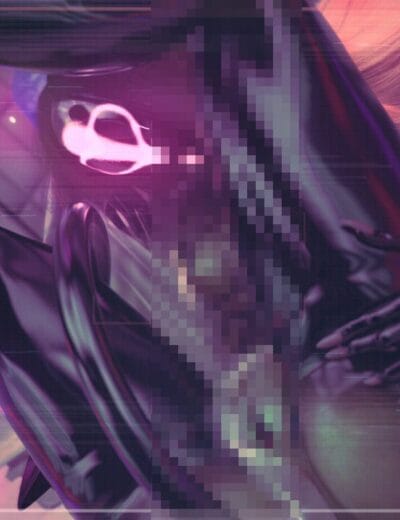 Shiny black latex mannequin with glowing pink heart-shaped neon light, futuristic and cyberpunk style.
