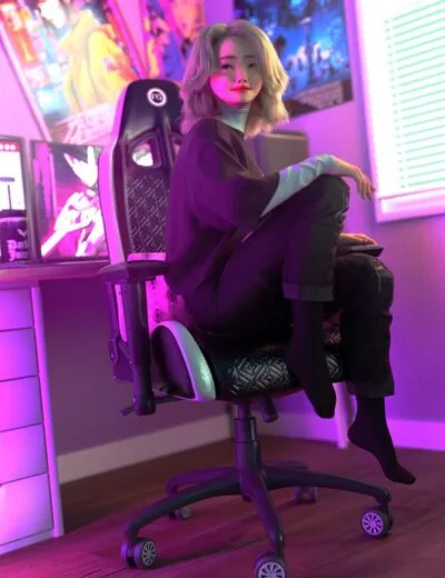 Modern gaming chair and stylish young woman in casual outfit sitting in a colorful, neon-lit gaming room with posters and computer setup.