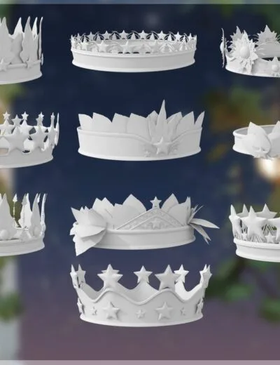 Intricate 3D crown models with holiday and festive themes for Daz3D, featuring stars, leaves, and floral details, perfect for holiday scenes and digital art.