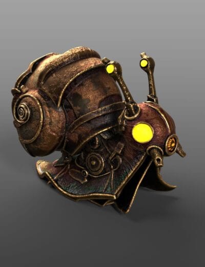 Rusty sci-fi robot snail 3D asset with glowing yellow lights, intricate mechanical detailing, and weathered metallic textures for Daz3D and 3D rendering projects.