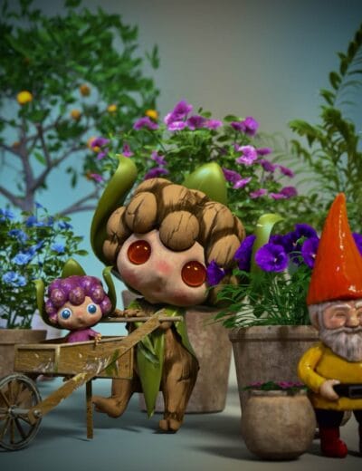 3D fantasy garden scene with whimsical characters and vibrant flowering plants, showcasing high-quality Daz3D assets for creative digital art and 3D rendering projects.