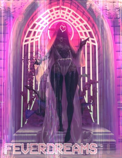 3D character model in a futuristic, cyberpunk-inspired scene featuring vibrant pink and purple neon lights, glossy black outfit, and gothic accessories, created with high-quality Daz3D assets.