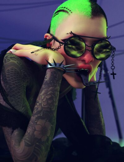 Vivid cyberpunk character with green mohawk, tattooed arms, gothic sunglasses, and edgy accessories in a futuristic digital art scene.