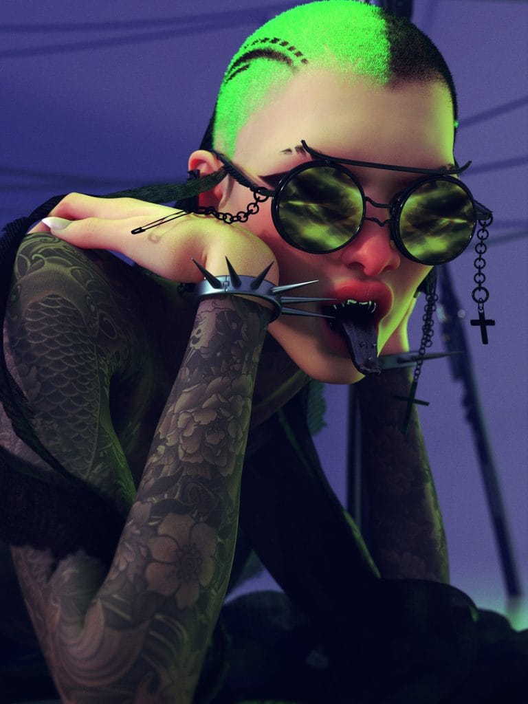 Vivid cyberpunk character with green mohawk, tattooed arms, gothic sunglasses, and edgy accessories in a futuristic digital art scene.