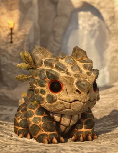 Cute baby iguana with detailed textured skin, large expressive eyes, and spiny back, in a lush cave environment with waterfall and torch in background. Perfect for 3D renders and digital art.