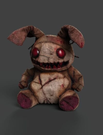 Ripped and bloodstained plush bunny toy with glowing red eyes and sharp teeth, detailed texture for horror or dark-themed 3D modeling projects, realistic and eerie design.