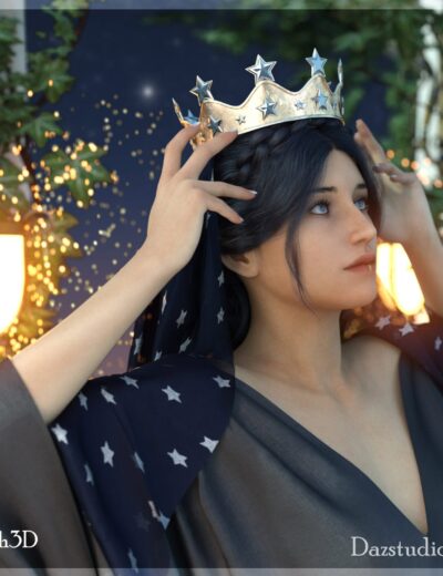 Golden star crown 3D model for Daz3D, fantasy royalty accessory, high-quality digital asset for 3D characters and scenes, disponible at 3dshards.com.