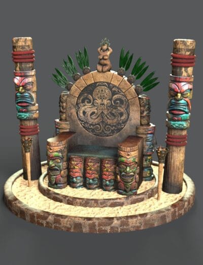 Intricate 3D Polynesian Tiki throne with carved wooden figures, vibrant colors, lush green leaves, and cultural details, perfect for Daz3D assets or tropical-themed scenes.