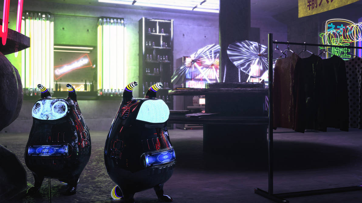 3D futuristic robot figures with glowing eyes in a neon-lit, cyberpunk-style environment featuring vibrant lights, neon signs, and modern decor.