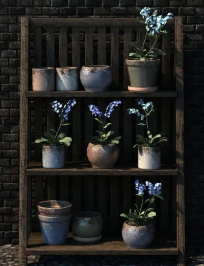Soil, plants, flower pots, garden decor, rustic outdoor garden arrangement, weathered pottery, potted flowering plants, wooden garden shelf, blue flowers, garden plant decor, aged terracotta pots, decorative plant containers, outdoor floral display, jardin, cozy garden scene, natural garden aesthetic, blooming potted plants, rustic gardening accessories.