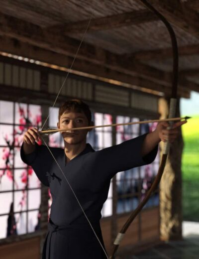 Drawing a realistic-looking digital 3D model of a young man practicing archery with a bow and arrow in a traditional Japanese setting. High-quality Daz3D assets used to create detailed textures and lifelike features.