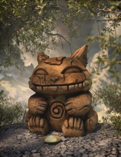 Vintage styled carved stone cat sculpture with mysterious tribal patterns, outdoors on rocky ground, surrounded by lush greenery, perfect for 3D assets, renders, and digital art.