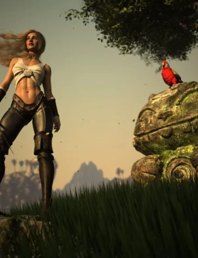 Vibrant 3D fantasy scene featuring a female warrior with flowing hair, intricate armor, and a colorful parrot perched on an ancient moss-covered stone head in a lush natural setting.