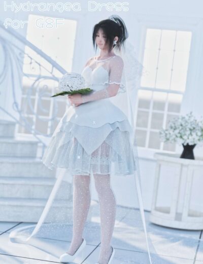 Elegant bridal dress with sheer lace sleeves, layered tulle skirt, and white high heels, ideal for wedding or fashion renders, showcasing high-quality 3D assets for Daz3D.