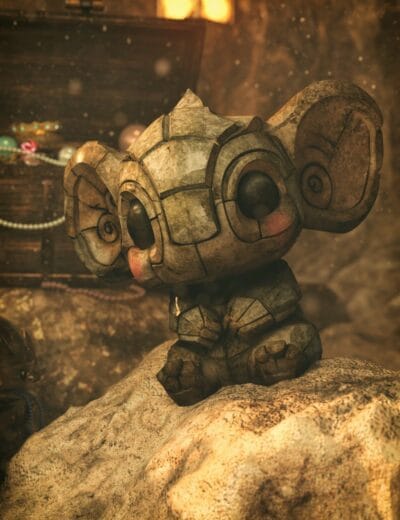 Rustic stone cartoon-style monkey figurine with cracked textures, large black eyes, and a cute expression, sitting on rocks with a blurred background of jewelry and decorations. Perfect for 3D art and collectibles.