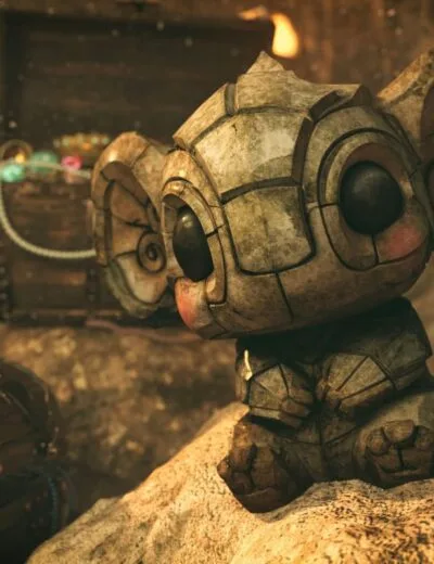 3D claymation-style bear sculpture with large eyes, crafted from textured stone and cracked surfaces, set in a rustic, treasure-filled environment perfect for 3D asset visualization.