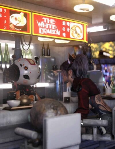 3D rendered futuristic scene featuring a humanoid robot and a young woman in a modern Asian street food stall with neon signs, showcasing high-quality 3D assets and vibrant details.