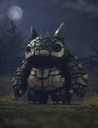 Intricate 3D rendered model of a stylized turtle character made with mosaic-like stone textures, set against a moonlit night background, showcasing high-quality digital art for fantasy or gaming assets.