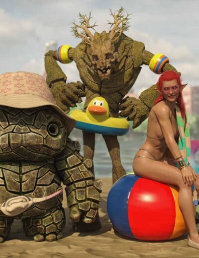 Colorful 3D render of fantasy characters at the beach, including a turtle with a hat, a tree creature, a woman with red hair and a mermaid tail, and vibrant beach accessories, emphasizing detailed 3D assets for Daz3D.