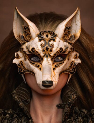 Intricate fantasy fox mask with gold accents, designed for Daz3D assets, worn by a female model with long brown hair, showcasing detailed 3D character modeling and high-quality textures.
