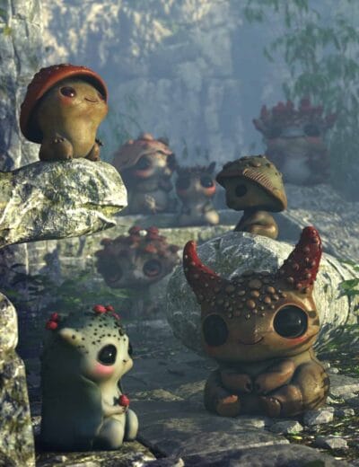 Colorful 3D mushroom baby characters with cute facial expressions and large eyes, set in a natural stone and forest environment, showcasing high-quality 3D assets for digital art and animation.