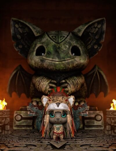 Mystical creature with feline features, wearing a tribal headdress and traditional attire, standing in front of a large, ancient stone statue with mystical symbols and glowing torches, capturing fantasy asset design.