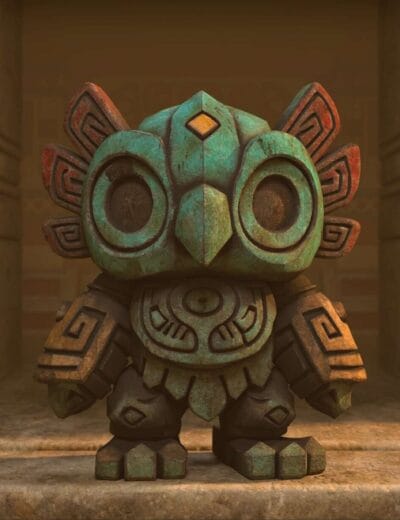 Ancient Mayan-style stone owl sculpture with intricate carvings, vibrant green patina, and detailed surroundings in a historical temple setting.