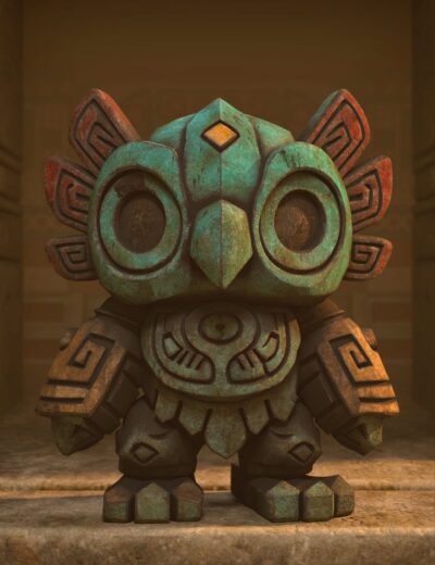 Vibrant Aztec-inspired stone idol with intricate carvings, featuring a bird-like face and colorful turquoise accents, showcasing detailed 3D design and textures for high-quality digital assets.